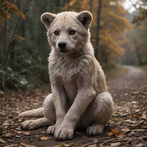 A cute, fluffy wolf cub sits on a bed of fallen leaves in an autumnal forest. The cub has soft, light beige fur with a slightly golden hue, large expressive eyes, and a gentle expression. The background is softly blurred, showing warm-toned autumn foliage in shades of orange and brown, with a winding path leading into the distance. The lighting is soft and natural, creating a cozy and peaceful atmosphere.