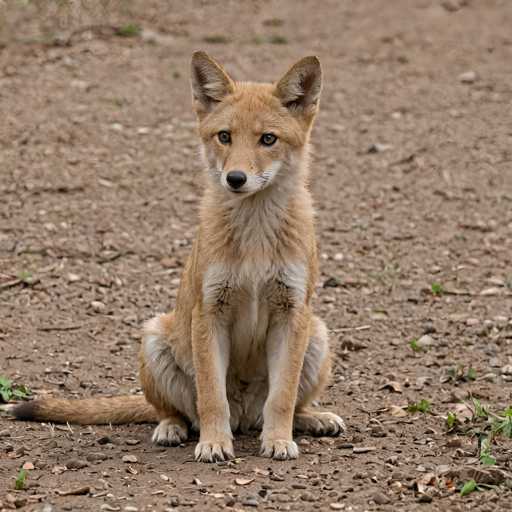 A small, adorable red fox cub sits on a dirt ground in a natural setting. The cub has soft, reddish-brown fur with lighter underbelly and white markings on its chest. Its large, expressive eyes are a warm amber color, and it has pointed ears that stand upright. The cub is looking directly at the viewer with a curious expression, its paws neatly tucked beneath it. The background is blurred, focusing attention on the fox cub.
