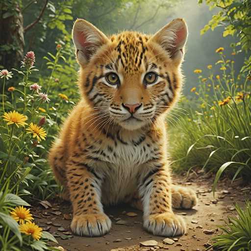 A photorealistic image of a small, adorable ocelot cub sitting on a dirt path in a lush, sun-dappled forest. The cub has soft, orange fur with distinctive black spots and stripes, large expressive eyes, and delicate paws. The background is filled with vibrant green foliage, wildflowers in various shades of yellow and pink, and a soft, out-of-focus forest background with hints of sunlight filtering through the trees. The cub is looking directly at the viewer, creating a sense of warmth and innocence.