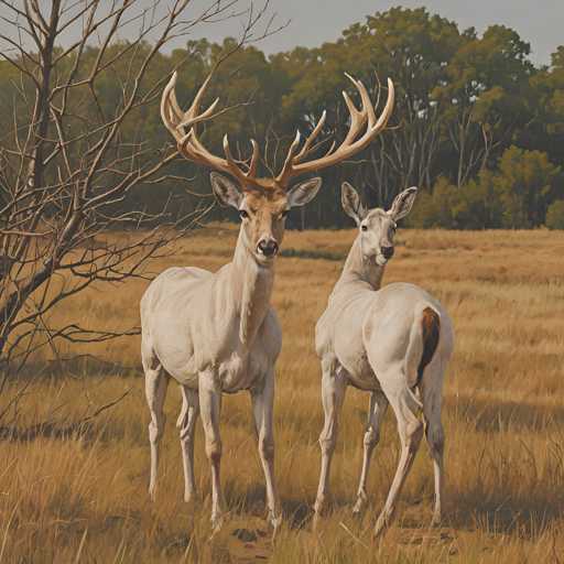 A pair of deer stand in a field with tall grass and trees in the background. The deer on the left has large antlers and is facing the camera while the other deer has smaller antlers and is looking away from the camera.
