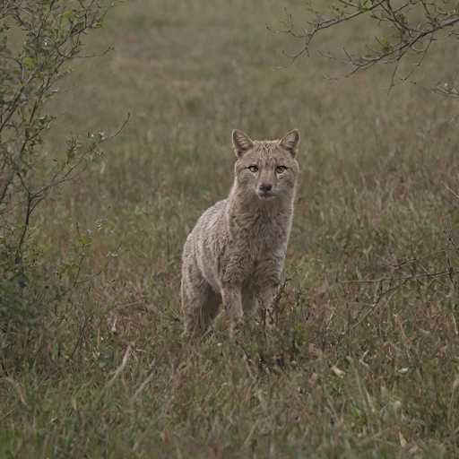 A beautiful, close-up shot of a lynx standing in tall, dry grass. The lynx is facing the camera with its intense yellow eyes and a focused expression. Its thick, spotted fur blends in with the muted tones of the environment. The background is softly blurred, drawing attention to the animal.