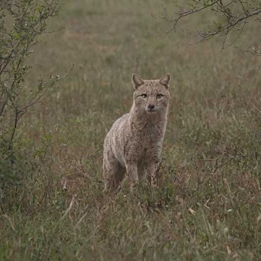 A light brown fox with dark brown ears and a white muzzle is standing on its hind legs in the center of a field covered in tall grass.