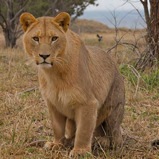 A majestic lioness sits in a dry, grassy field, her gaze directed towards the viewer. The lioness has a rich, tawny coat and piercing amber eyes. Her body is muscular and powerful, with a thick mane that frames her face. The background is blurred, but we can see dry vegetation and a distant landscape with trees and possibly a cloudy sky. The lighting is soft, highlighting the lioness's features and creating a sense of calm and intensity.