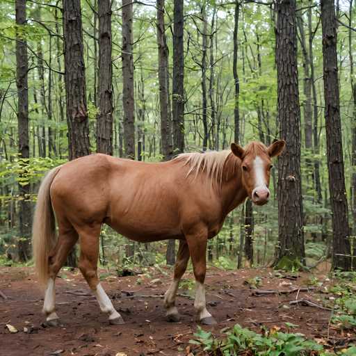 A beautiful, light brown horse with a white face and legs stands in a lush forest. The horse is facing the viewer, its head held high with a gentle expression. Its long, flowing mane and tail cascade down its body, adding to its graceful appearance. The forest is filled with tall, slender trees, their trunks covered in moss and lichen. Sunlight filters through the canopy, creating dappled shadows on the forest floor. The ground is covered in fallen leaves and soft earth, adding to the serene atmosphere of the scene.
