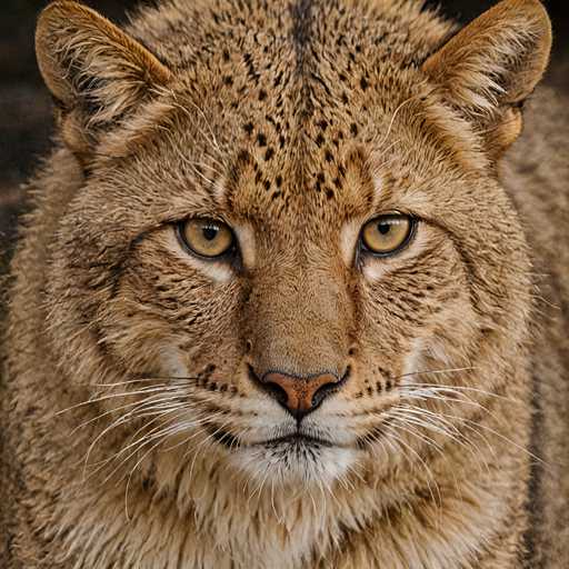 The image shows a close-up view of a brown and white tiger's face. The tiger has striking yellow eyes that seem to be looking directly at the camera. Its fur is a mix of brown and white, with black stripes on its nose and mouth. The background appears to be a dark color, possibly a forest or a rocky area, providing a stark contrast to the tiger's features.