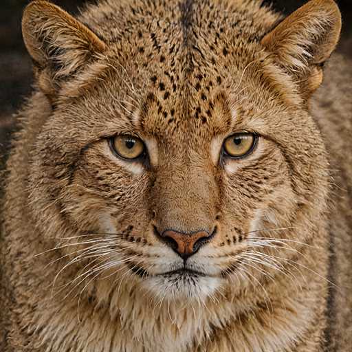 A close-up, high-definition portrait of a bobcat's face. The image is taken from a slightly low angle, focusing on the cat's intense gaze directly at the viewer. The bobcat has a thick, tawny coat with dark spots and a short, rounded face. Its eyes are a warm amber color, set in a light-colored face with prominent white whiskers. The background is dark and out of focus, drawing all attention to the animal's face. The lighting is soft and even, highlighting the texture of the fur and the sharp details of the eyes. The overall impression is one of wildness, alertness, and captivating beauty.