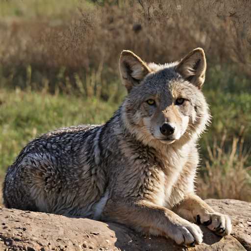 A close-up, eye-level shot of a gray wolf resting on a large, textured rock. The wolf is lying down with its front paws extended and head turned towards the viewer, looking directly at the camera. Its fur is a mix of gray and brown, with a thick, fluffy coat. The wolf's eyes are a warm amber color, and its ears are large and pointed. 

The background is softly blurred, showing a mix of green grass and dry, brown vegetation, suggesting an outdoor setting. The lighting is soft and natural, with a warm glow illuminating the wolf's face and fur. The overall mood is peaceful and serene, highlighting the beauty of the animal in its natural habitat.