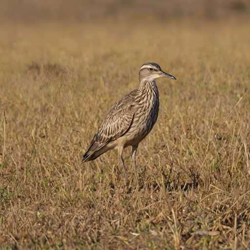 A bird with brown and white feathers stands on one leg in a field of tall grass.
