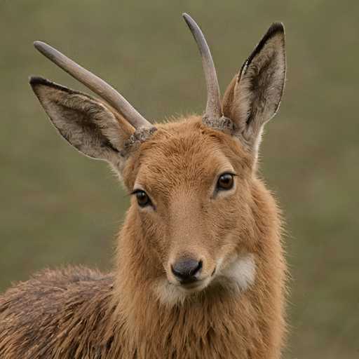 A close-up portrait of a Saker Gazelle, showcasing its distinctive features. The gazelle has a warm, reddish-brown coat with long, soft fur. Its large, expressive eyes are dark and alert, set beneath a delicate, slightly upturned snout. The ears are large and pointed, with dark inner surfaces contrasting with the light outer ones. A thin white patch of fur adorns its throat, and a few short, curved horns protrude from its head. The background is softly blurred, drawing focus to the gazelle's face and emphasizing its gentle expression. The lighting is soft and natural, highlighting the texture of its fur and the details of its face.
