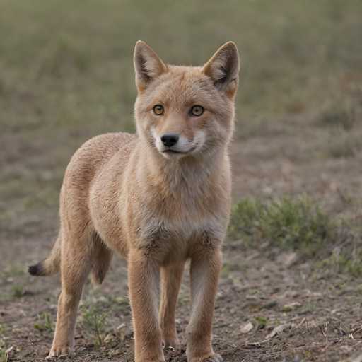 A beautiful, close-up shot of a Tibetan Fox pup standing alert in a natural setting. The fox has a rich, reddish-brown coat with a lighter underside and a bushy tail. Its eyes are a striking amber color, and its ears are perked up, giving it an inquisitive expression. The background is softly blurred, drawing attention to the fox's detailed fur and focused gaze. The lighting appears to be natural daylight, highlighting the texture of its coat and creating a warm, inviting atmosphere.