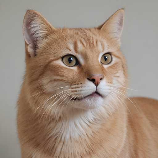 A close-up portrait of a ginger cat with white whiskers and an orange coat against a plain gray background.