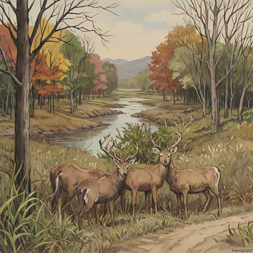 The image depicts a serene autumn scene featuring three deer standing on the bank of a river surrounded by tall grass and trees with vibrant fall colors. The sky above is filled with clouds, creating a peaceful atmosphere.