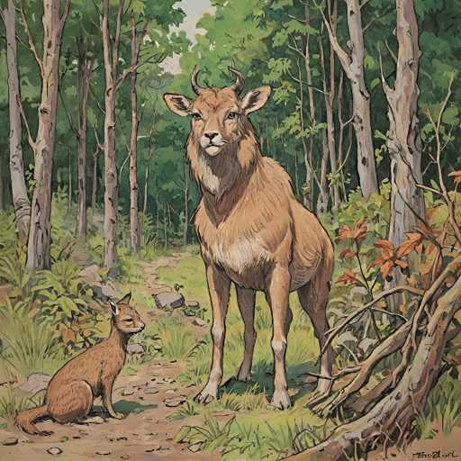 A detailed, realistic painting of a Sika deer and its fawn in a forest setting. The deer is standing upright, looking directly at the viewer with a calm and alert expression. Its coat is a warm brown color, and its antlers are visible. The fawn is sitting on the ground, looking up at the adult deer with a curious expression. The background of the painting is a lush forest, with tall trees and green foliage. The lighting is soft and natural, creating a peaceful and serene atmosphere. The painting is rendered in a realistic style, with attention to detail in the textures of the fur and the trees. The overall composition is balanced and harmonious, drawing the viewer's eye to the central figures of the deer.