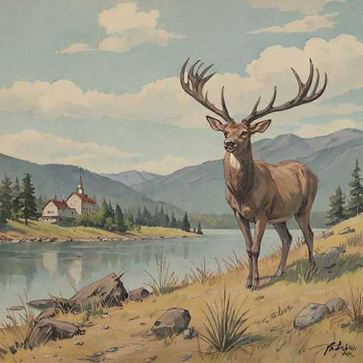 A detailed, slightly stylized painting of a majestic male elk standing on a grassy hillside next to a calm lake. The elk is the focal point, facing slightly towards the viewer with its impressive, branching antlers prominently displayed. Its coat is a warm brown, and its head is held high with a gentle expression. The background features a serene lake reflecting the sky, surrounded by rolling mountains covered in evergreen trees and distant, hazy peaks. A small white building with a red roof sits on the far shore of the lake, nestled among lush greenery. The sky is a soft blend of pale blue and white clouds, with a hint of sunlight suggesting a peaceful day. The overall style is reminiscent of a classic wildlife painting, with attention to detail in the texture of the fur and the landscape.