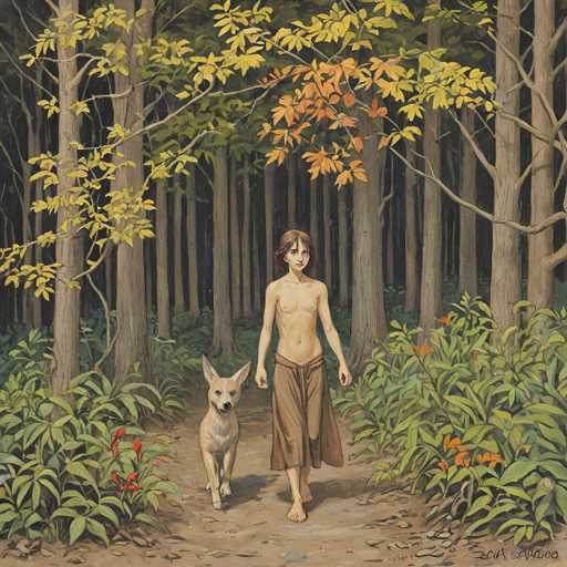 The image depicts a young girl and her dog walking through a forest. The girl is wearing a brown skirt and carrying a bag on her back while the dog is on a leash attached to her arm. They are surrounded by tall trees with yellow leaves, creating a serene and tranquil atmosphere in the woods.