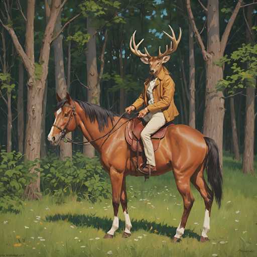 A surreal painting in a realistic style depicts a person riding a horse, but with a deer head. The figure is dressed in hunting attire – a brown jacket, beige pants, and boots – and holds a rifle. The horse is chestnut with white markings on its legs and has large, intricately detailed antlers that are attached to the deer head. The background is a lush forest with tall trees and green foliage, bathed in soft sunlight filtering through the leaves. The overall mood is whimsical and slightly fantastical, blending elements of nature and surrealism in a way that creates a unique and captivating image.