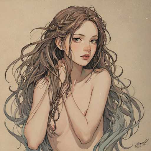 A digital painting of a beautiful, ethereal woman with long, flowing brown hair and delicate features. She is depicted in a close-up portrait, her body bare, with her arms gently crossed over her chest. Her eyes are a soft green, and she has a subtle, serene expression on her face. The background is a muted beige, allowing the focus to remain on the woman and her captivating hair. The overall style is reminiscent of a digital illustration with soft shading and detailed textures, giving the image a dreamy, almost fantasy-like quality.