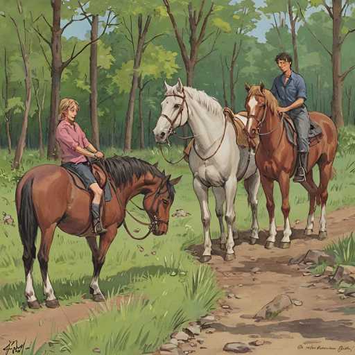 A watercolor painting depicting three people riding horses on a dirt path through a lush forest. The artist's signature is visible at the bottom of the image.