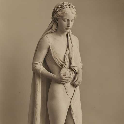 A statue of a woman with a white dress and a headdress is the central focus of this image. The statue is posed against a plain beige background, which highlights its intricate details. The woman's pose suggests she is in a contemplative or thoughtful state.