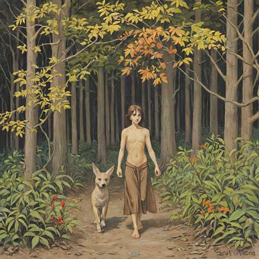A young, bare-chested person walks barefoot through a lush forest path with a dog. The scene is rendered in a detailed, painterly style, emphasizing the textures of the trees and foliage. The person is wearing a simple brown cloth wrapped around their waist, and their hair is shoulder-length. The dog is light-colored with a white patch on its chest and appears to be walking calmly beside the person. The forest is dense, with tall trees casting dappled sunlight onto the path. The overall mood is serene and peaceful, suggesting a connection with nature.