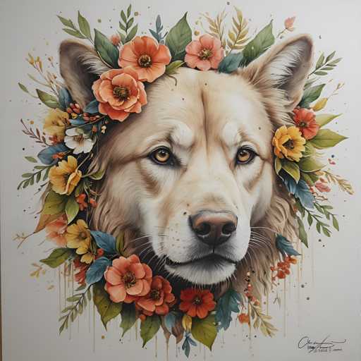 The image depicts a white dog with brown eyes and a pink nose, adorned with a vibrant floral arrangement of orange and yellow flowers surrounding its face. The background is a stark white, which contrasts with the colorful elements in the foreground.
