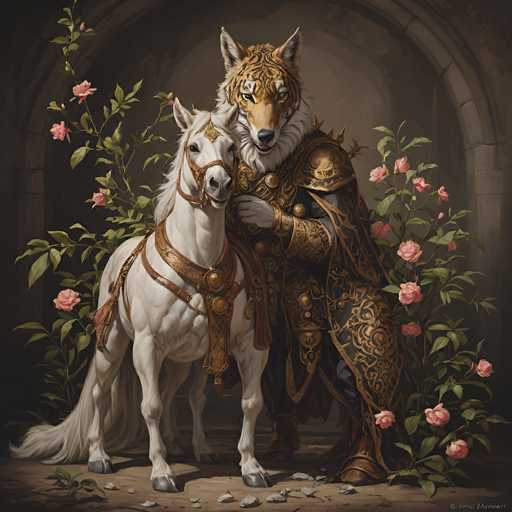A detailed digital painting in a fantasy art style depicts a majestic, anthropomorphic creature with the body of a tiger and the head of a horse. This being is adorned in ornate, golden armor with intricate patterns, and they are gently embracing a similarly fantastical creature – a white horse also adorned in golden armor. The tiger-horse figure is positioned centrally, with the horse nestled closely against them, their eyes meeting in a tender gaze. 

The background is set within an ancient, stone archway, with lush green vines and pink roses cascading around the figures. The lighting is soft and warm, emanating from an unseen source, highlighting the textures of the armor, fur, and flowers. The overall mood is one of peace, harmony, and a touch of mystical elegance. The style leans towards a digital painting with a painterly feel, emphasizing detail and depth.