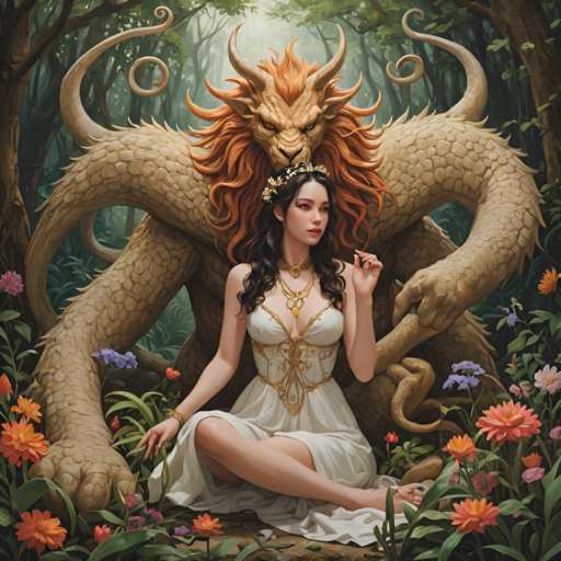 A woman with long brown hair is sitting on a rock surrounded by flowers and trees. She is wearing a white dress and has an orange dragon perched on her head. The background features a forest filled with trees and bushes.