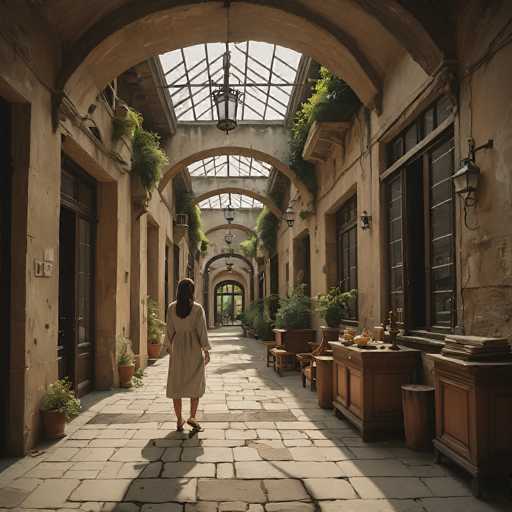 A woman walks away from the camera in a long, sunlit courtyard with arched walkways and potted plants. The courtyard is made of light-colored stone tiles, and the walls are a warm beige color with dark wooden doors. The ceiling of the courtyard is made of glass panels, and there are a few lanterns hanging from the ceiling. The woman is wearing a light-colored robe and has long, dark hair. She is walking away from the camera, so her face is not visible. The courtyard is very peaceful and serene, and it looks like a beautiful place to relax.