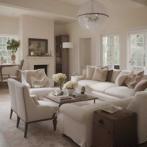A cozy, bright living room with a large white sectional sofa and a fireplace.