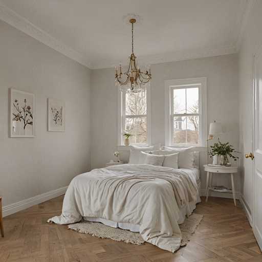 The image depicts a serene and elegant bedroom with white walls and wooden floors. The room features a large bed dressed in a white comforter and two white pillows, flanked by two windows that allow natural light to enter the space. Above the bed is a gold chandelier, adding an opulent touch to the room's decor. A rug covers the floor, providing warmth and comfort underfoot. Two framed pictures hang on the wall above the bed, contributing to the overall aesthetic of the room.