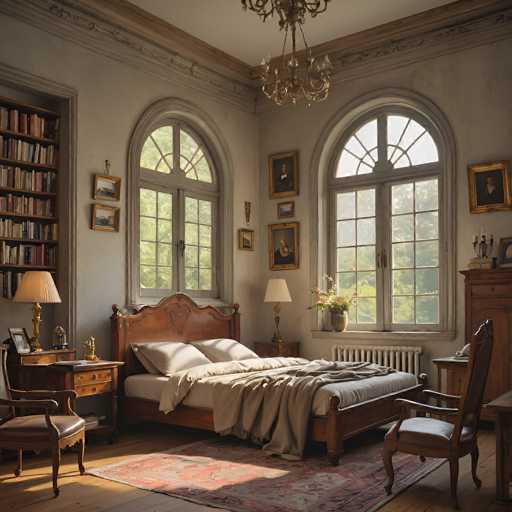 A cozy, sunlit bedroom with a vintage aesthetic. The room is filled with warm light streaming through large arched windows, casting soft shadows on the wooden floor. A dark wooden bed with a curved headboard is positioned in the center, draped with a light beige comforter and a cozy throw. A small wooden nightstand sits beside the bed, holding a lamp with a warm-toned shade and various decorative items. 

The walls are painted in a soft, off-white color, adorned with framed portraits and artwork. A large bookshelf filled with books stands in one corner, while a vintage armchair sits near the window, inviting relaxation. A delicate floral arrangement graces the bedside table, adding a touch of nature to the room's serene atmosphere. The overall impression is one of comfort, tranquility, and timeless elegance.