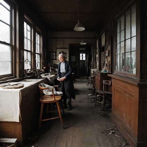 A woman in a dark coat and apron stands in a dimly lit, cluttered workshop. She is holding a small, intricately detailed object in her hands and appears to be examining it closely. The workshop is filled with various tools, workbenches, and partially finished projects, suggesting a space dedicated to craftsmanship. The overall atmosphere is one of quiet concentration and perhaps a touch of nostalgia, hinting at a history of skilled work. The lighting is subdued, casting shadows that add to the intimate and slightly mysterious ambiance of the scene.