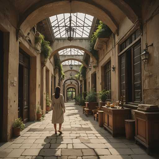 A woman is walking down an ornate hallway with a large glass window on the right side and several potted plants lining the walls.