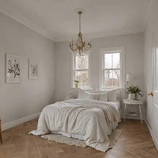 A cozy bedroom with a warm, inviting atmosphere. The room features a large bed draped in a soft, cream-colored comforter with matching pillows. Two framed botanical prints hang on the wall above the bed, adding a touch of nature-inspired decor. A delicate gold chandelier hangs from the ceiling, casting a warm glow over the space. 

A small white nightstand sits beside the bed, holding a table lamp and a vase of fresh flowers. A woven rug lies on the floor, adding texture to the room's overall aesthetic. The walls are painted a soft, off-white color, and the wooden floorboards add warmth to the space. The room is bathed in natural light streaming through two windows, creating a bright and airy atmosphere.