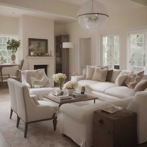 The image depicts a spacious and well-lit living room with white walls that reflect the natural light coming from two windows on the right side of the room. The room is furnished with a large beige sofa adorned with several pillows in various shades of brown and cream. A coffee table sits in front of the sofa, hosting an array of books and decorative items such as vases and potted plants. In one corner of the room, there's a wooden side table holding a lamp and another vase filled with flowers. The room is further decorated by two chairs placed near the windows, and a large chandelier hanging from the ceiling casts a warm glow throughout the space.