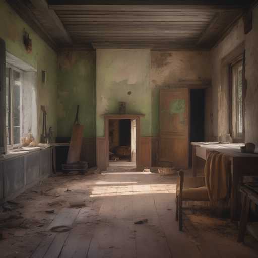 The image depicts an old, dilapidated room with peeling paint and a worn-out appearance. The walls are covered in green wallpaper that has started to peel off, revealing the bare brick underneath. A wooden door is partially open on one side of the room, leading to another part of the house. In the center of the room stands an old fireplace, its once vibrant colors now faded and muted. To the left of the fireplace, a window with boarded-up panes allows in only a sliver of light, casting long shadows across the floor. The room is devoid of any furniture or personal items, further emphasizing its state of disrepair.
