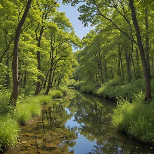 The image depicts a serene forest scene with tall trees and a small stream running through the center of the frame. The stream is surrounded by lush green foliage on both sides, creating a sense of tranquility. The clear blue sky above adds to the overall peaceful atmosphere of the scene.