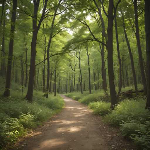 The image depicts a serene forest trail lined with tall trees on both sides and covered by lush green foliage. The path is made of dirt and leads the viewer's eye deeper into the woods. The sun filters through the leaves above, casting dappled shadows on the ground below.