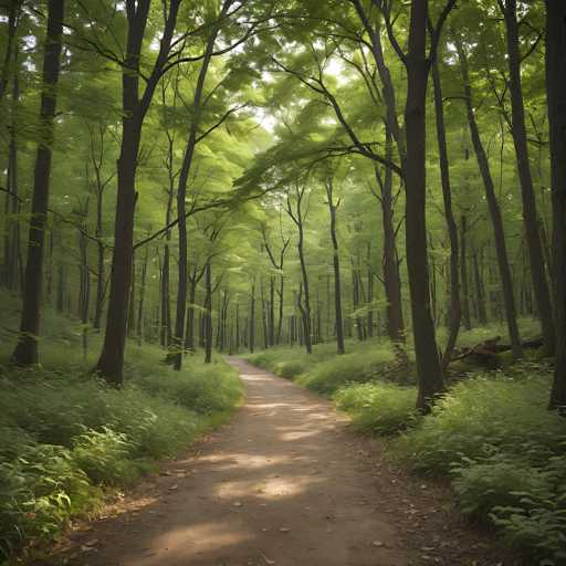 A serene, sun-dappled path winds through a lush forest. The path is made of soft dirt and is flanked by tall, slender trees with vibrant green leaves. Sunlight filters through the canopy, casting dappled shadows on the path and surrounding foliage. The scene is peaceful and inviting, suggesting a tranquil walk through nature.