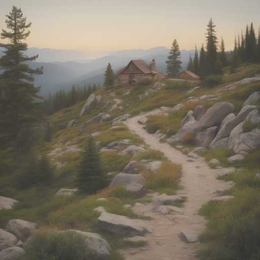 The image depicts a rustic cabin nestled on a mountain trail surrounded by lush greenery and towering trees. The cabin is constructed from stone and features a chimney protruding from its roof. A dirt path winds through the scene, leading towards the cabin. The sky above is painted in shades of light blue with wispy clouds, creating an ethereal atmosphere over the tranquil setting.