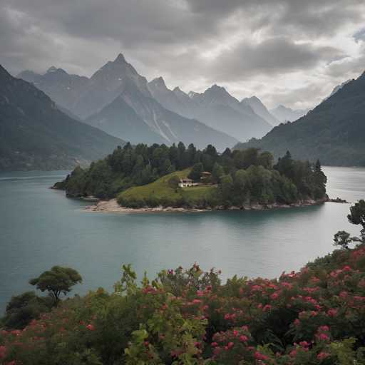 The image depicts a serene mountain landscape with a small island nestled amidst the mountains and surrounded by water. The island is covered in lush green vegetation and features a white house on its shoreline. The sky above is filled with clouds, casting a soft light over the scene. The perspective of the photo is from a high vantage point, providing an expansive view of the landscape below.