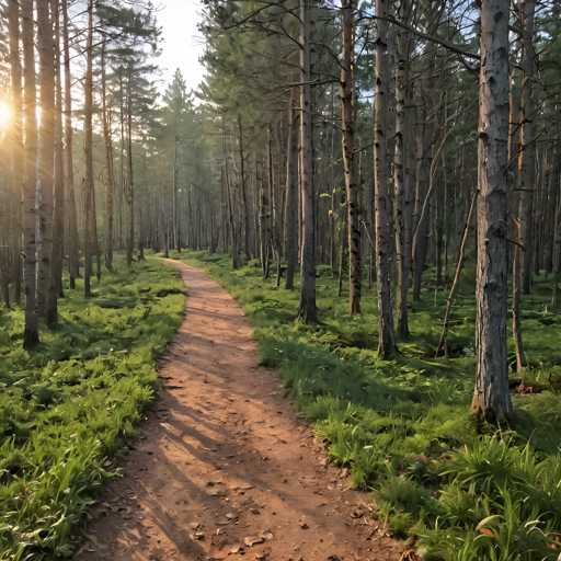 The image depicts a serene forest trail lined with tall trees on both sides and covered by lush green grass. The sun is shining brightly through the canopy of leaves above, casting dappled shadows on the ground below. The perspective suggests that the viewer is standing at the beginning of the trail, looking towards the end where it meets another path or continues into a dense thicket of trees.
There are no discernible texts in the image and no people present.