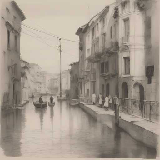 The image depicts a canal scene with two boats on the water and several people walking along the sidewalk near the buildings. The photo is in black and white, giving it an old-world charm.