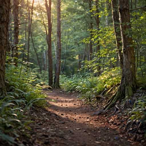 A path winds through a sun-dappled forest, bathed in warm sunlight. The path is covered in soft dirt and dappled with shadows from the tall trees lining either side. Lush green ferns and foliage grow along the edges of the path, creating a sense of depth and tranquility. The sunlight filters through the leaves, casting a warm glow on the scene.