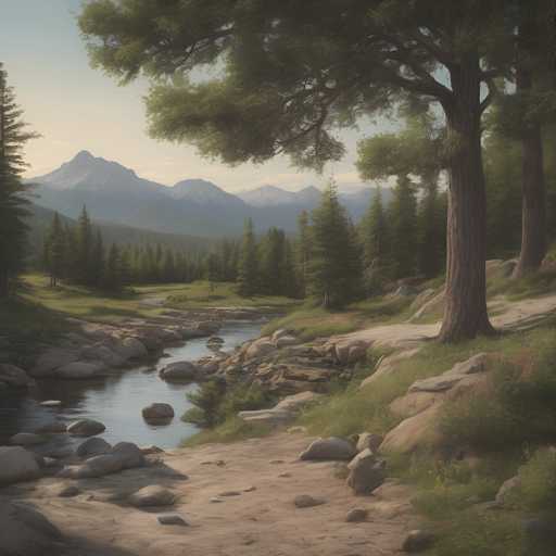 The image depicts a serene landscape with a river flowing through it, surrounded by lush green trees and mountains in the background. The sky is clear blue with wispy clouds, creating a tranquil atmosphere. The perspective of the photo is from ground level, looking down towards the river and the mountains, giving a sense of being immersed in nature.