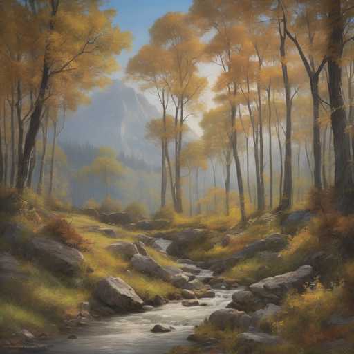 The image depicts a serene autumn scene in a forest. The trees surrounding the stream have vibrant yellow leaves, and the sky above is a clear blue with scattered clouds. A mountain range can be seen in the distance, adding depth to the landscape. The painting style is realistic, capturing the details of nature's colors and textures.