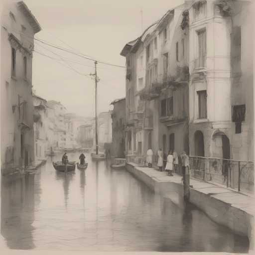 A serene, soft-focused sketch of a canal scene in Venice. The image is monochromatic, with muted tones suggesting a hazy or slightly faded quality. Two gondolas are gently gliding on the calm water, one with two people and another empty. People are strolling along the canal-side walkways, dressed in light-colored clothing. The buildings lining the canal are tall and narrow, with a slightly aged or weathered appearance. Overhead, thin electrical wires stretch across the scene. The overall atmosphere is tranquil and evocative of a quiet moment in Venice.