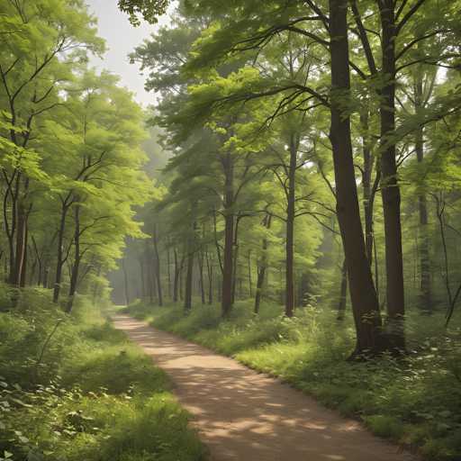 The image depicts a serene forest trail lined with tall trees on both sides and covered by lush green foliage. The path is made of dirt and leads the viewer's eye deeper into the woods. The sky above is overcast, casting a soft light that enhances the natural beauty of the scene.