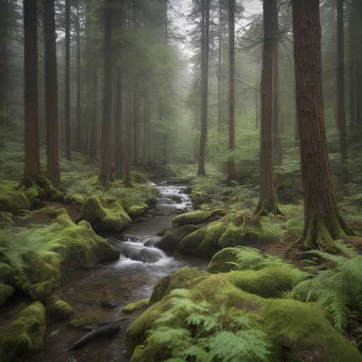 The image depicts a serene forest scene with tall trees and a small stream running through the center of the frame. The stream is surrounded by moss-covered rocks and ferns, adding to the lush greenery of the area. The perspective of the photo is taken from ground level, looking up at the towering trees that fill the background.