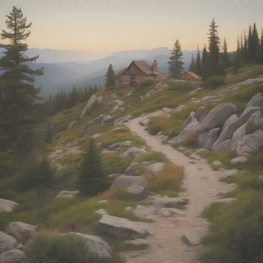 A serene, slightly hazy landscape of a mountain trail leading to a rustic cabin nestled amidst rocky terrain and evergreen trees. The scene is bathed in the soft, warm light of either sunrise or sunset, with distant mountains fading into a gentle mist. The path is winding and uneven, flanked by large boulders and patches of low-lying vegetation. The cabin appears cozy and secluded, with a warm glow emanating from its windows. The overall mood is one of tranquility and peaceful isolation in nature.